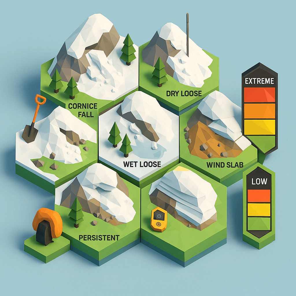 Avalanche types illustration showing different slab types in lowpoly style